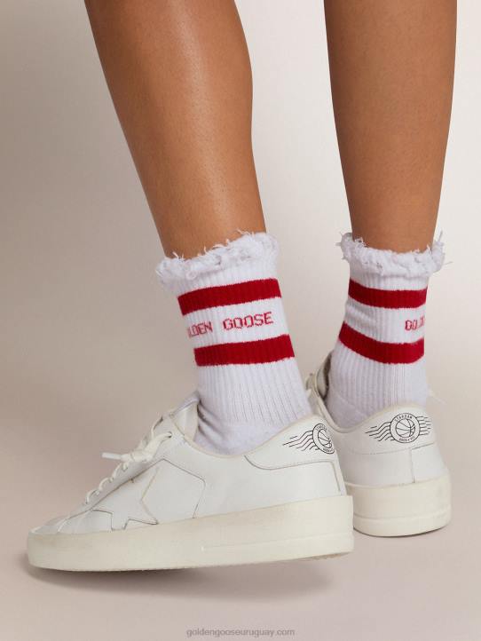 mujer calcetines de algodón con acabados envejecidos rayas rojas y logoGolden Goose 02H6348