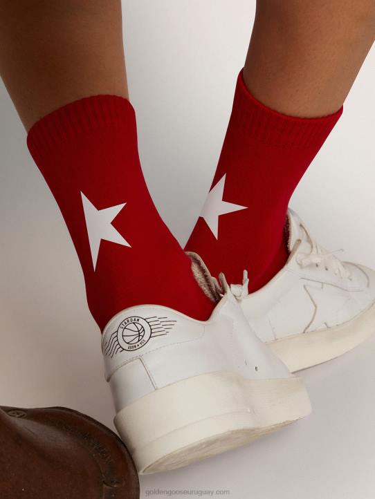 mujer calcetines de algodón rojo con estrella de ganso dorada blanca 02H6334