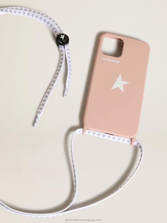 mujer funda rosa pálido para iphone 12 y 12 pro con logo blanco en contraste y cordones con logoGolden Goose 02H6304