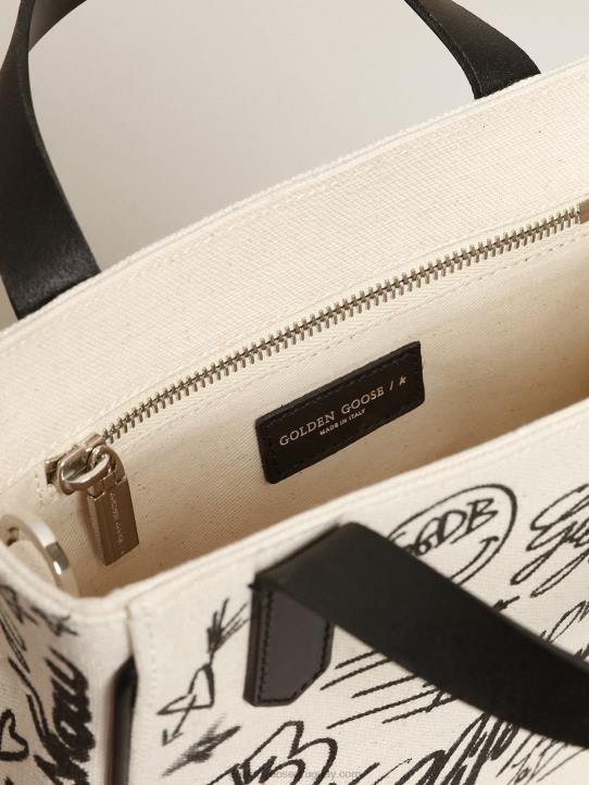 mujer Bolso mini california de algodón blanco con estampado negro en contrasteGolden Goose 02H6454
