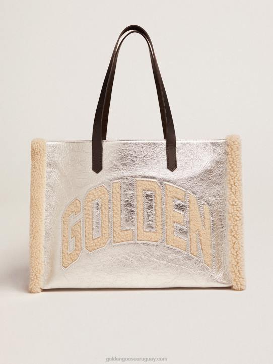 mujer bolso east-west california en piel laminada plateada con inserciones de lana merinoGolden Goose 02H6489