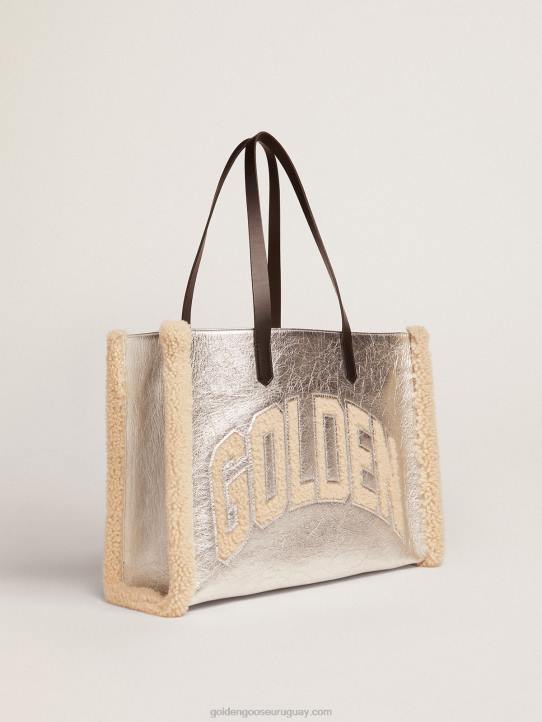 mujer bolso east-west california en piel laminada plateada con inserciones de lana merinoGolden Goose 02H6489