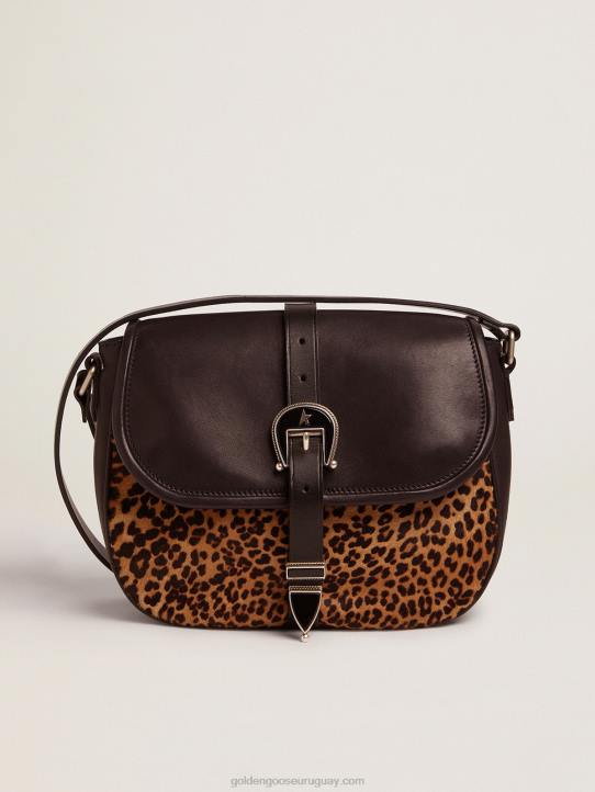 mujer bolso rodeo mediano de piel negra y piel de potro con estampado de leopardoGolden Goose 02H6476