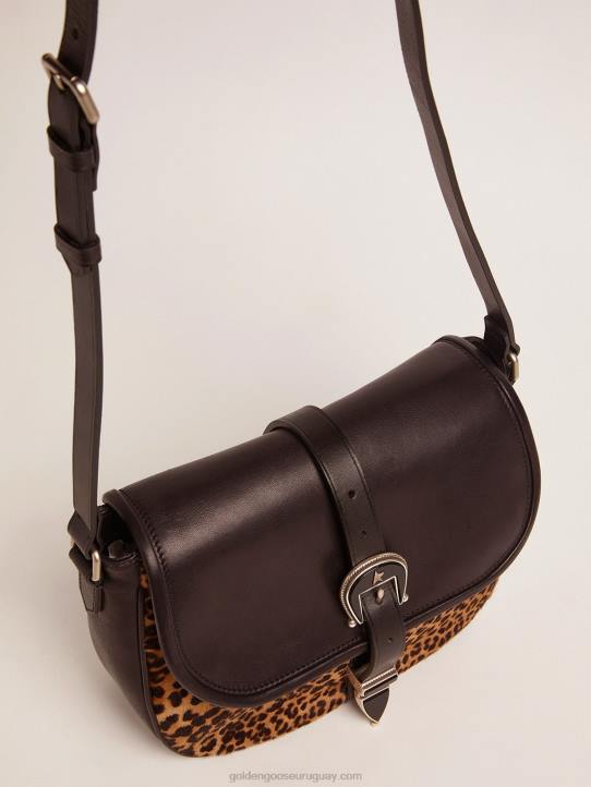 mujer bolso rodeo mediano de piel negra y piel de potro con estampado de leopardoGolden Goose 02H6476