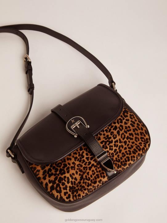 mujer bolso rodeo mediano de piel negra y piel de potro con estampado de leopardoGolden Goose 02H6476