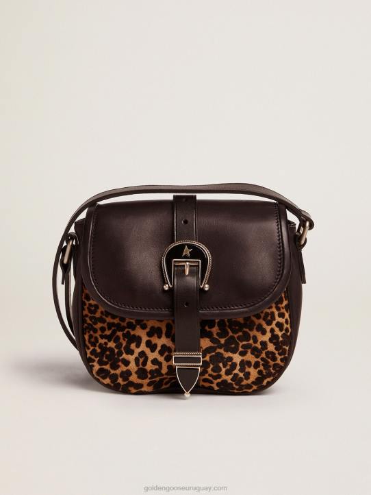 mujer bolso rodeo pequeño de piel negra y piel de potro con estampado de leopardoGolden Goose 02H6475