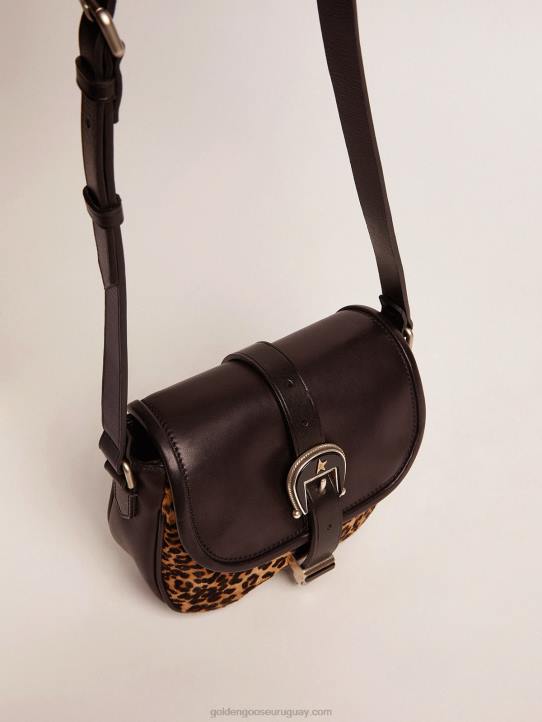 mujer bolso rodeo pequeño de piel negra y piel de potro con estampado de leopardoGolden Goose 02H6475