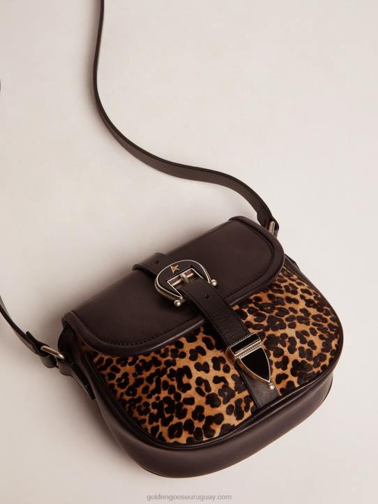 mujer bolso rodeo pequeño de piel negra y piel de potro con estampado de leopardoGolden Goose 02H6475