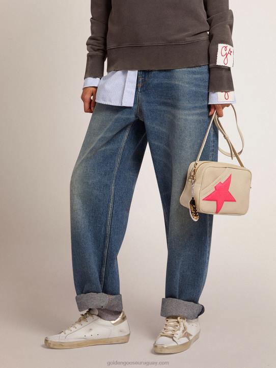 mujer Bolso estrella blanco roto de piel martillada estrella de ganso dorado fucsia con purpurina iridiscente 02H6494