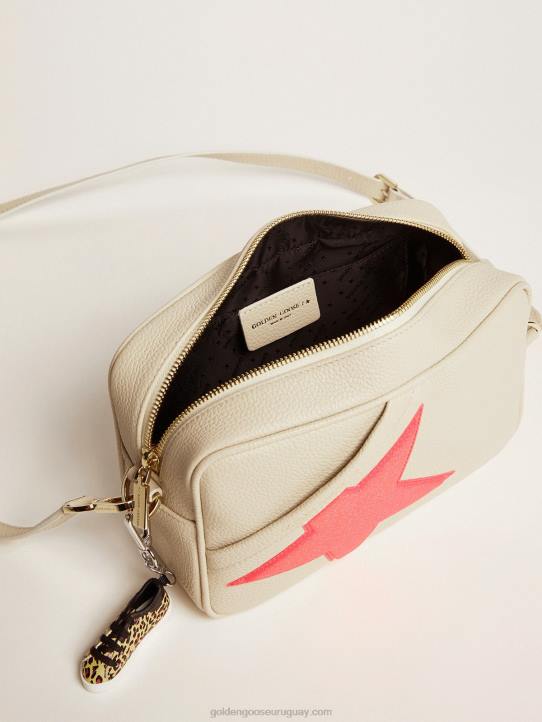 mujer Bolso estrella blanco roto de piel martillada estrella de ganso dorado fucsia con purpurina iridiscente 02H6494