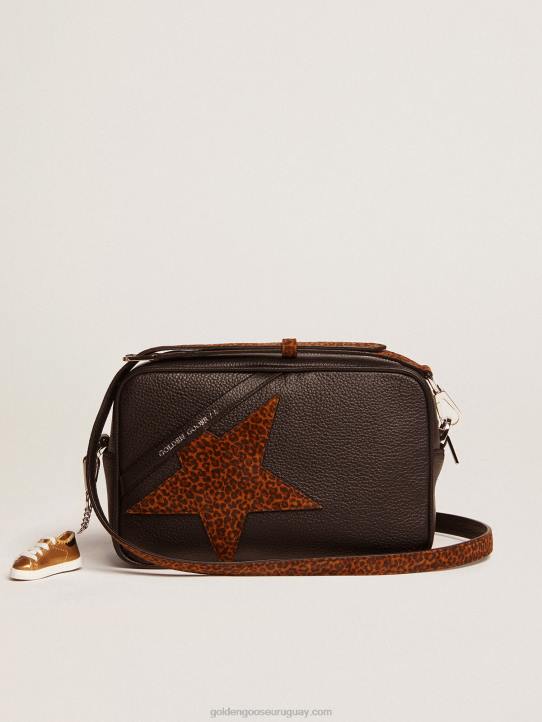 mujer bolso star de piel marrón oscuro con estrella de ante con estampado de leopardoGolden Goose 02H6471