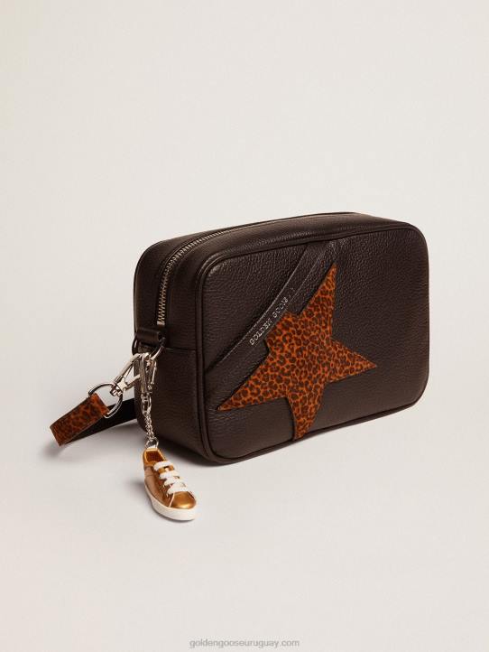 mujer bolso star de piel marrón oscuro con estrella de ante con estampado de leopardoGolden Goose 02H6471