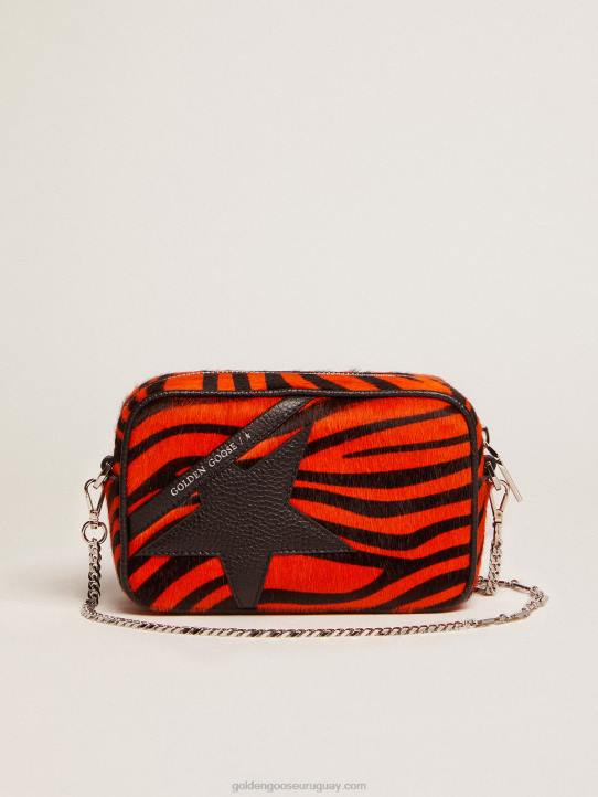mujer bolso mini estrella de piel de potro naranja con estampado de tigre y estrella de piel negraGolden Goose 02H6462