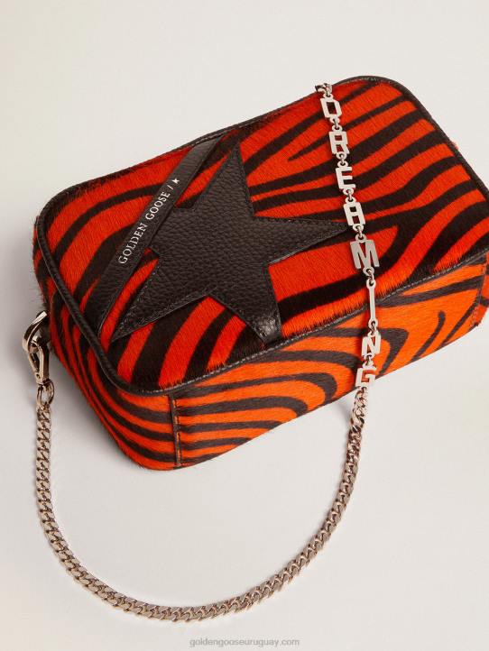 mujer bolso mini estrella de piel de potro naranja con estampado de tigre y estrella de piel negraGolden Goose 02H6462