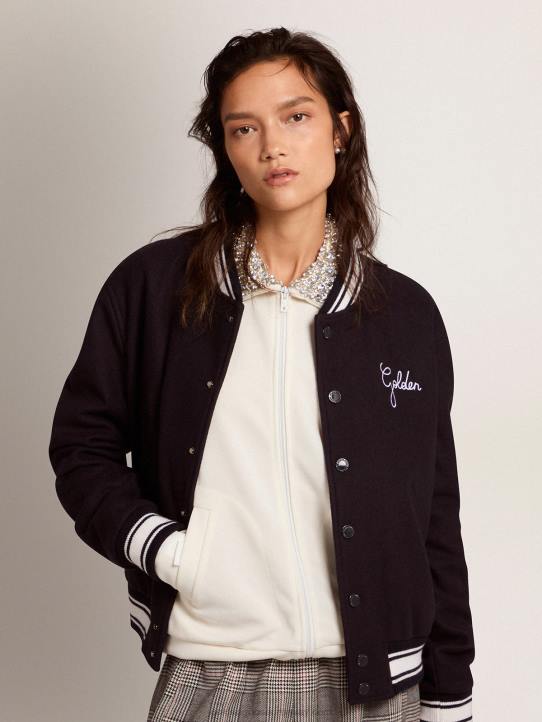 mujer cazadora bomber de lana azul oscuro con detalles blancos en contrasteGolden Goose 02H61028