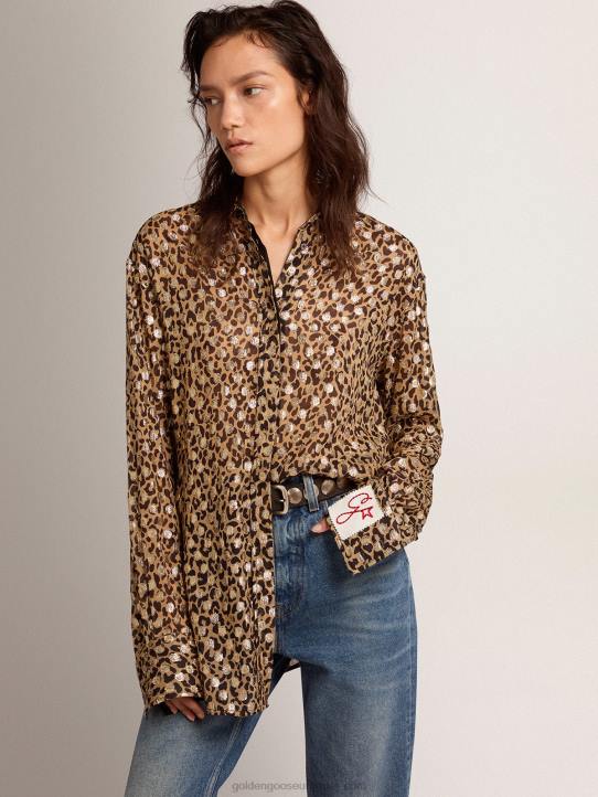 mujer camisa boyfriend con animal print y plumetis doradosGolden Goose 02H61058