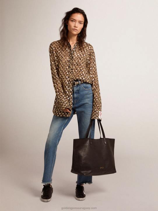 mujer camisa boyfriend con animal print y plumetis doradosGolden Goose 02H61058