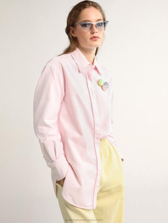 mujer camisa oversize de la colección journey con pines y rayas verticales rosas y blancasGolden Goose 02H61024