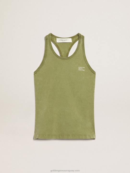 mujer camiseta sin mangas verde pesto con letras blancas en el frenteGolden Goose 02H61044