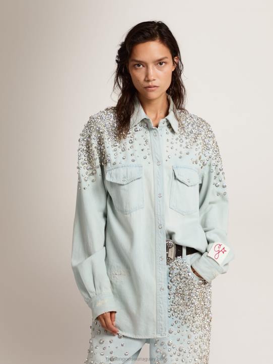 mujer colección camisa boyfriend vaquera blanqueada con cristales cabujónGolden Goose 02H6932