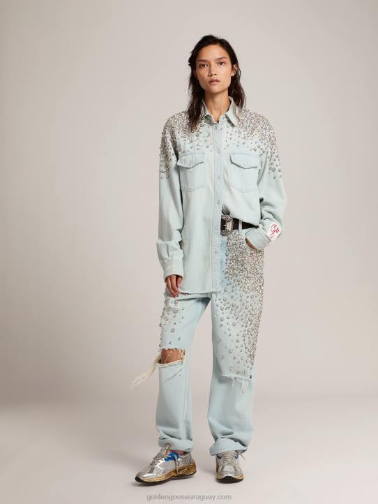 mujer colección camisa boyfriend vaquera blanqueada con cristales cabujónGolden Goose 02H6932