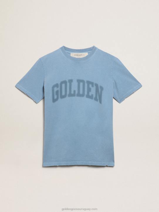mujer Camiseta con efecto envejecido de la colección Journey azul puerto con letras doradas tono sobre tono. 02H61000