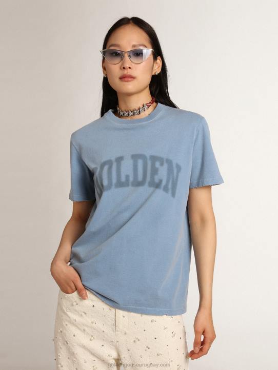 mujer Camiseta con efecto envejecido de la colección Journey azul puerto con letras doradas tono sobre tono. 02H61000