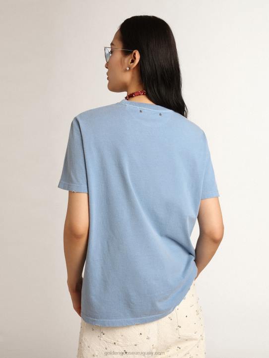 mujer Camiseta con efecto envejecido de la colección Journey azul puerto con letras doradas tono sobre tono. 02H61000