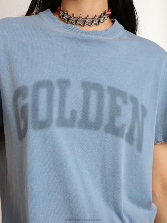 mujer Camiseta con efecto envejecido de la colección Journey azul puerto con letras doradas tono sobre tono. 02H61000