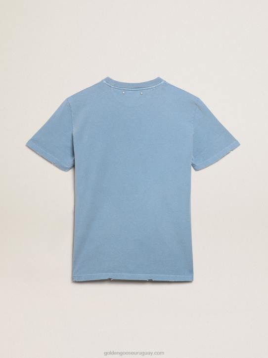 mujer Camiseta con efecto envejecido de la colección Journey azul puerto con letras doradas tono sobre tono. 02H61000