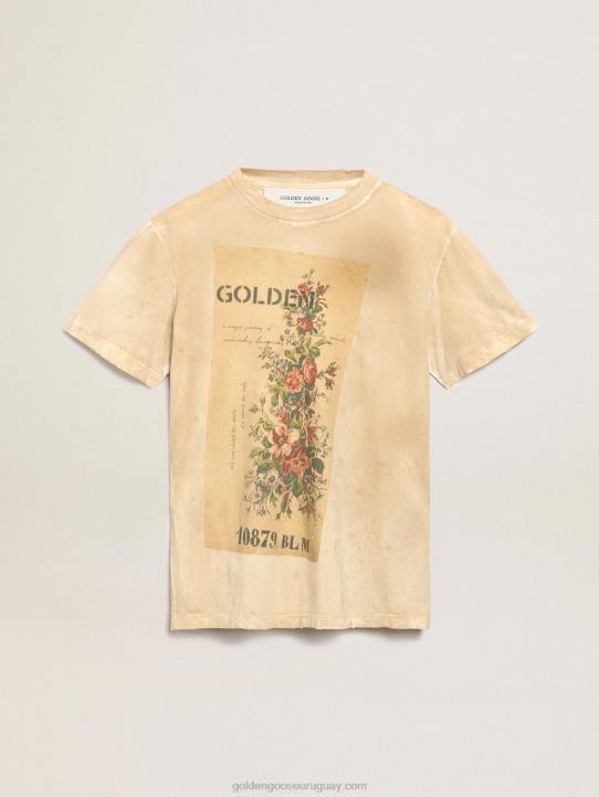 mujer Camiseta de la colección Journey en blanco hueso efecto papel con estampado floral en la parte delantera.Golden Goose 02H6995