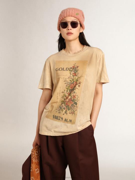 mujer Camiseta de la colección Journey en blanco hueso efecto papel con estampado floral en la parte delantera.Golden Goose 02H6995