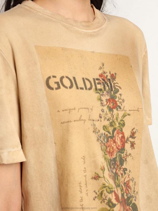 mujer Camiseta de la colección Journey en blanco hueso efecto papel con estampado floral en la parte delantera.Golden Goose 02H6995