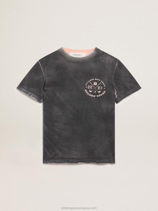 mujer Camiseta de la colección Journey gris de aspecto envejecido con estampado rosa pálido en contraste en la parte delantera y zonas desgastadas a mano.Golden Goose 02H6976
