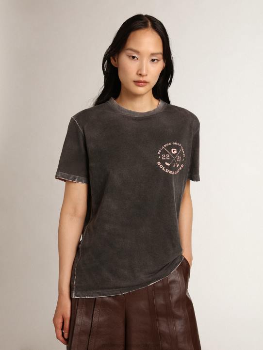 mujer Camiseta de la colección Journey gris de aspecto envejecido con estampado rosa pálido en contraste en la parte delantera y zonas desgastadas a mano.Golden Goose 02H6976