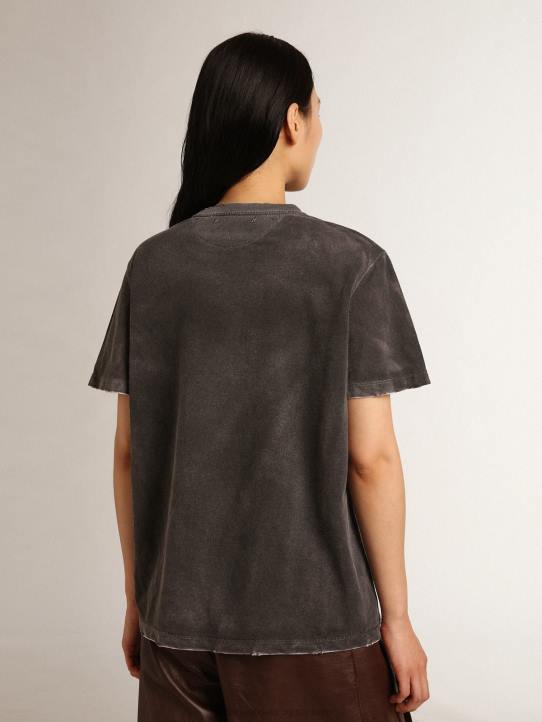 mujer Camiseta de la colección Journey gris de aspecto envejecido con estampado rosa pálido en contraste en la parte delantera y zonas desgastadas a mano.Golden Goose 02H6976