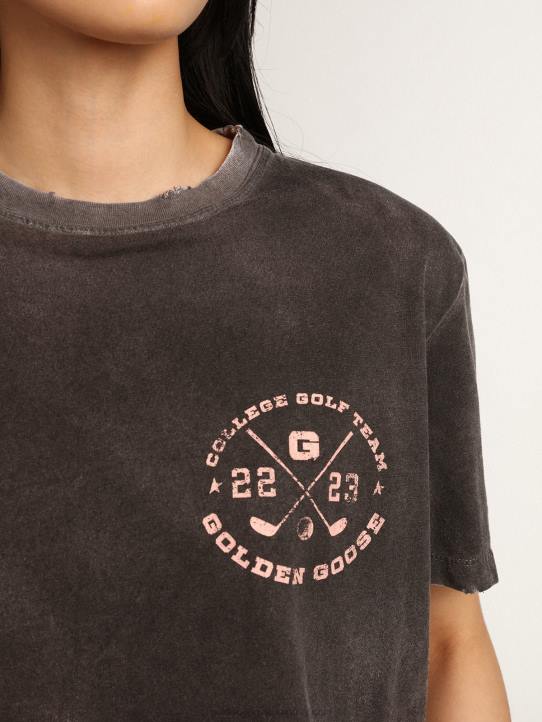 mujer Camiseta de la colección Journey gris de aspecto envejecido con estampado rosa pálido en contraste en la parte delantera y zonas desgastadas a mano.Golden Goose 02H6976