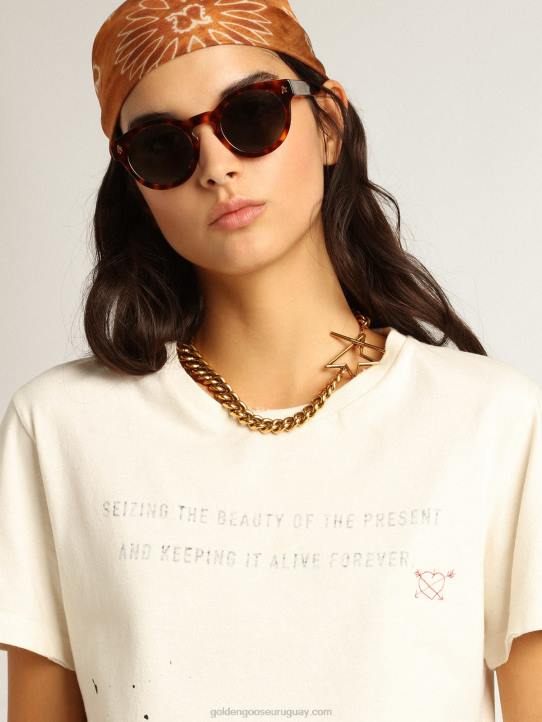 mujer camiseta blanca con letras y bordadosGolden Goose 02H61050