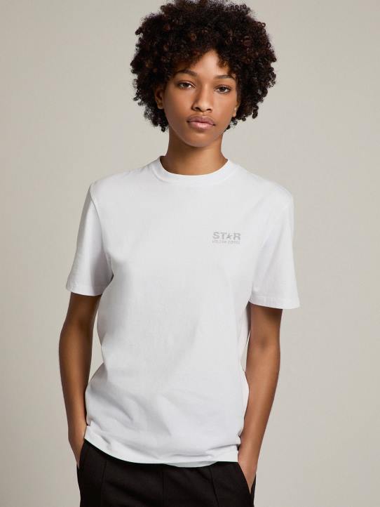 mujer camiseta blanca de la colección star con logo y estrella en purpurina plateadaGolden Goose 02H6963
