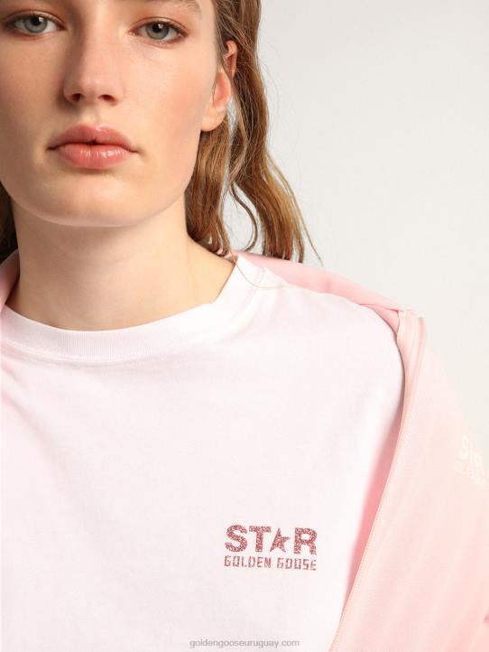 mujer camiseta blanca de la colección star con logo y estrella en purpurina rosaGolden Goose 02H6957
