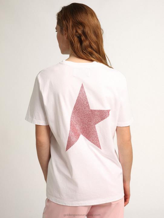 mujer camiseta blanca de la colección star con logo y estrella en purpurina rosaGolden Goose 02H6957