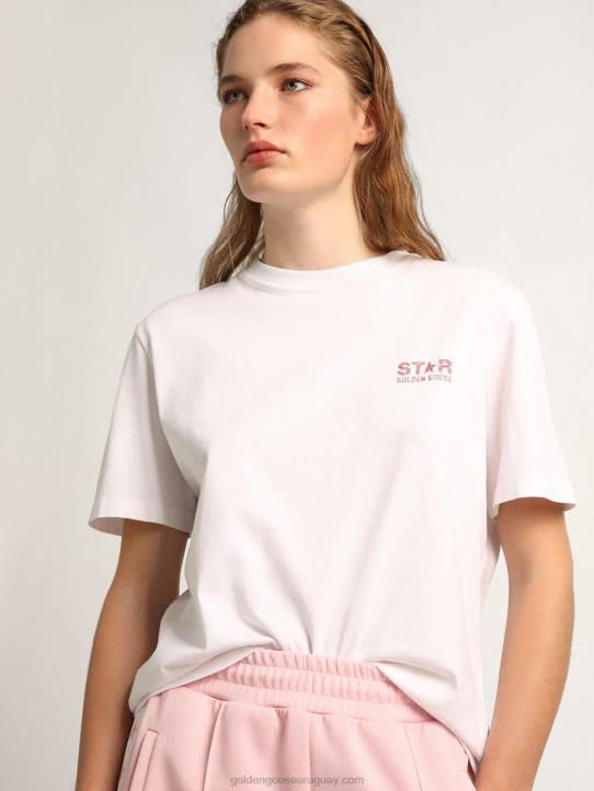 mujer camiseta blanca de la colección star con logo y estrella en purpurina rosaGolden Goose 02H6957