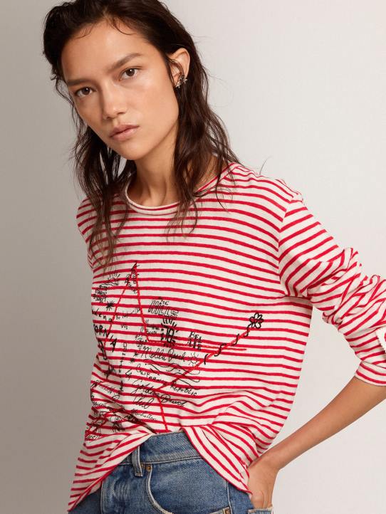mujer camiseta con rayas blancas y rojas y bordado en la parte delanteraGolden Goose 02H61021