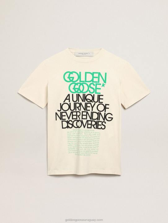 mujer camiseta de la colección Journey en blanco hueso con letras en negro y verde brillante en la parte delanteraGolden Goose 02H6993