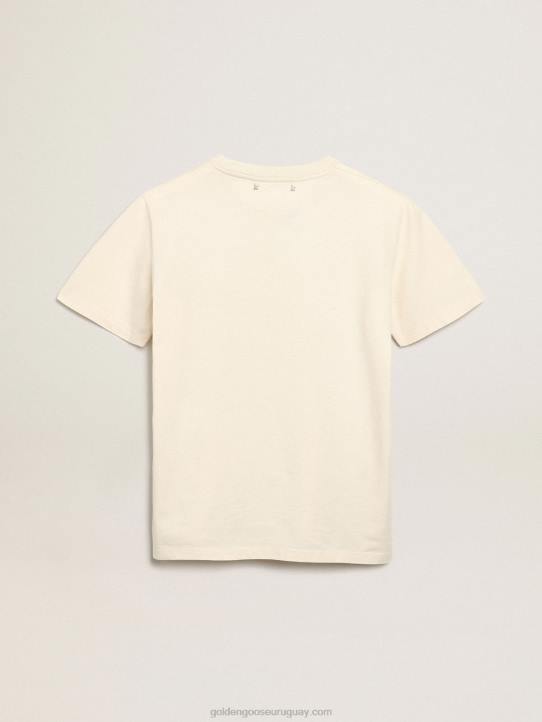 mujer camiseta de la colección Journey en blanco hueso con letras en negro y verde brillante en la parte delanteraGolden Goose 02H6993