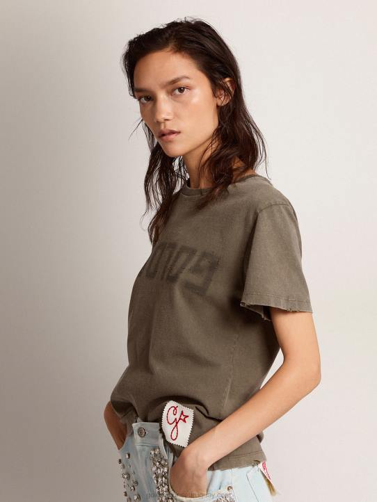 mujer camiseta regular fit verde oliva con letras doradas en la parte delantera 02H61051