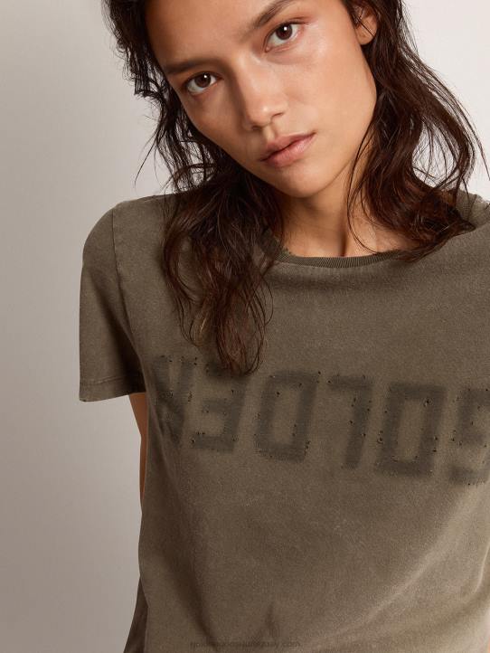 mujer camiseta regular fit verde oliva con letras doradas en la parte delantera 02H61051
