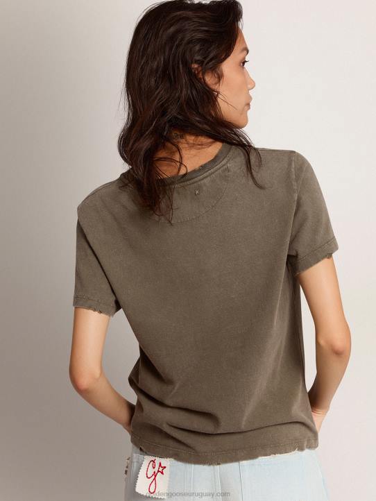 mujer camiseta regular fit verde oliva con letras doradas en la parte delantera 02H61051
