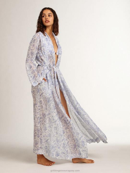 mujer Vestido caftán de mezcla de lino con estampado azul mediterráneo de Resort CollectionGolden Goose 02H61018