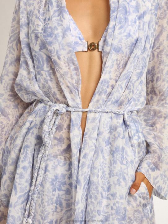 mujer Vestido caftán de mezcla de lino con estampado azul mediterráneo de Resort CollectionGolden Goose 02H61018